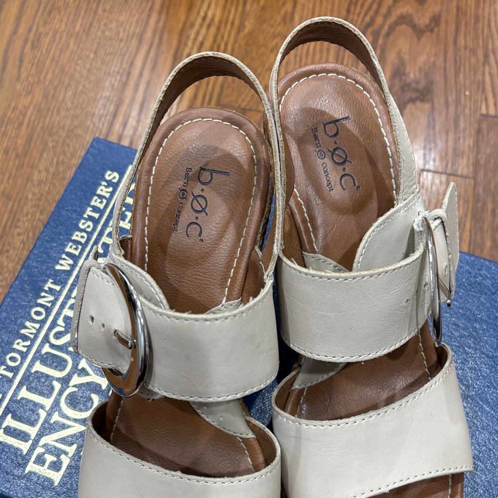 boc Cream Leather Wedge Sandals with Oversized Silver Buckle - Picture 3 of 14